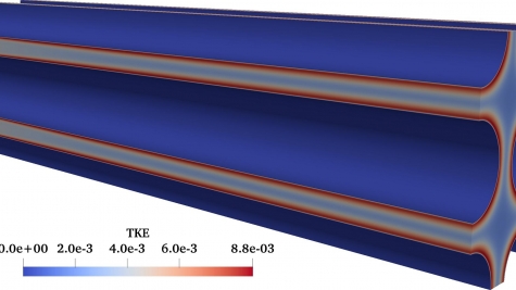 The steady-state turbulent kinetic energy distribution in the nekRS test case.