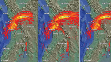Snapshot of ground velocity 90 seconds after the rupture begins, according to three independent physics-based models (courtesy of G. Ely, R. Graves, J. Bielak, and K. Olsen; Southern California Earthquake Center)
