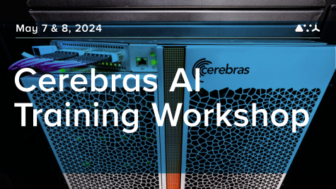 Cerebras AI Training Workshop Graphic featuring Title and Dates and picture of system. 