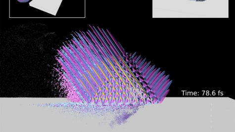 Interaction between an ultra-high intensity (>100TW) laser (dark blue-grey/magenta) and a “plasma mirror” (grey
