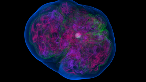 A volume rendering snapshot of the entropy of the debris of the exploding core of a 16 solar-mass star, 271 milliseconds after its collapsed core bounced at nuclear densities. The blue veil is the shock wave propagating outward at near 10,000 - 15,000 km/s, the red material is at high entropies, and the green material is at lower entropies. Neutrino-driven bubbles drive the explosion. The white sphere in the center is the neutron star left behind.
