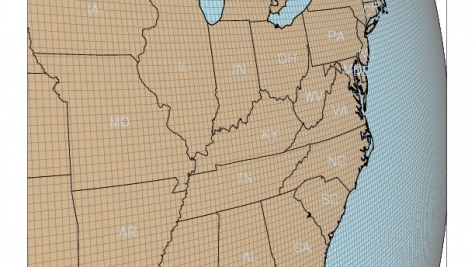 A portion of the 1/4 degree grid global grid is shown over the southeast part of the United States.