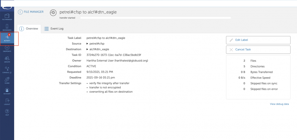 Activity tab for status of transfers