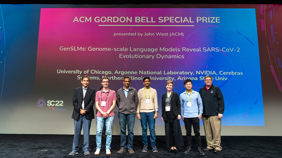 Members of the GenSLMs team receive the Gordon Bell Special Prize for HPC-Based COVID-19 Research at the SC22 conference.