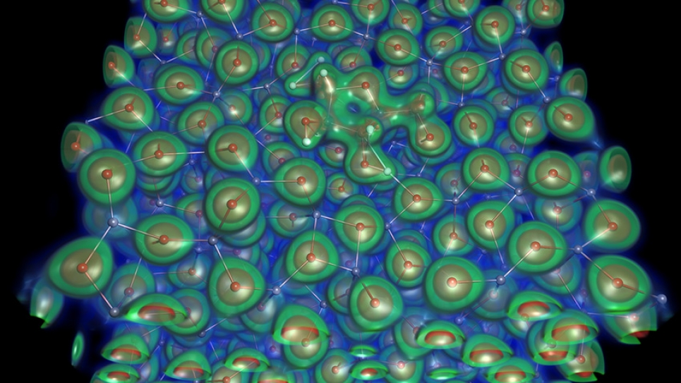 The electron density obtained from a density functional theory (DFT) calculation of lithium oxide performed with the GPAW code