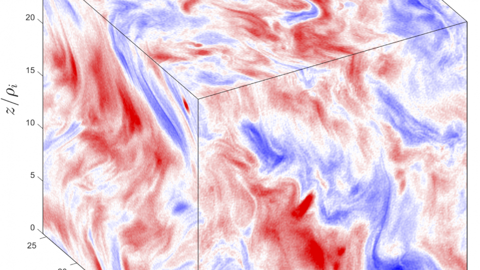 Surface image of the electron energy density from a snapshot of a 10243-cell particle-in-cell simulation of driven kinetic turbulence in a plasma consisting of sub-relativistic ions and ultra-relativistic electrons.